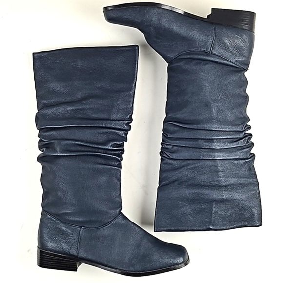 Vintage Classique Navy Blue Leather Square Toe Pull On Slouch Scrunch Boot - Picture 1 of 16